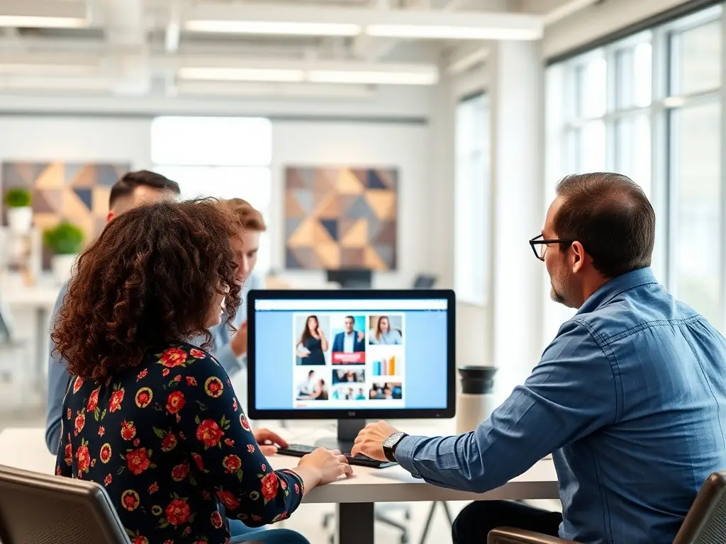 A creative team designing a paid advertising campaign in a modern office.