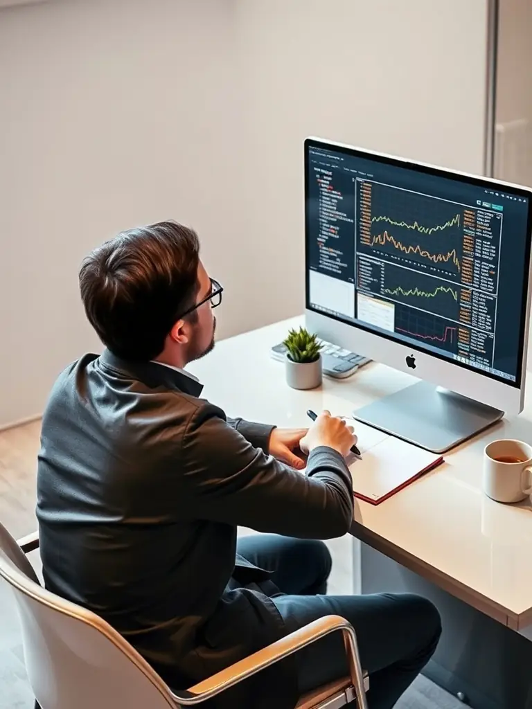 Marketing professional analyzing conversion tracking data on a computer.