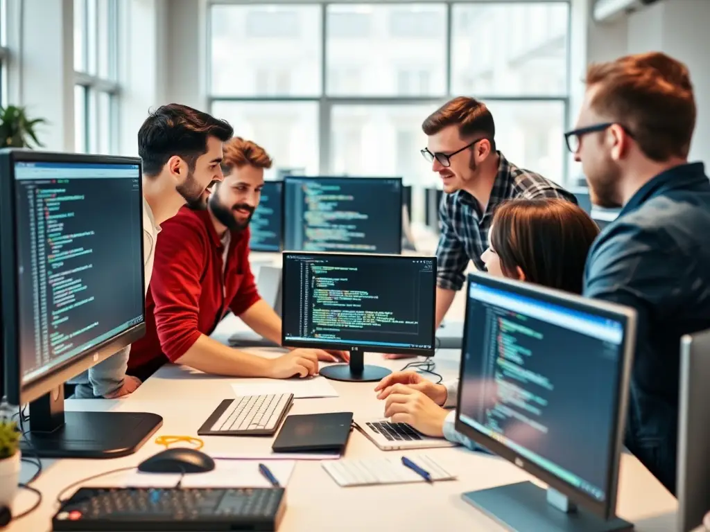 A team of web developers collaborating on a project, with code and design elements visible on screens.