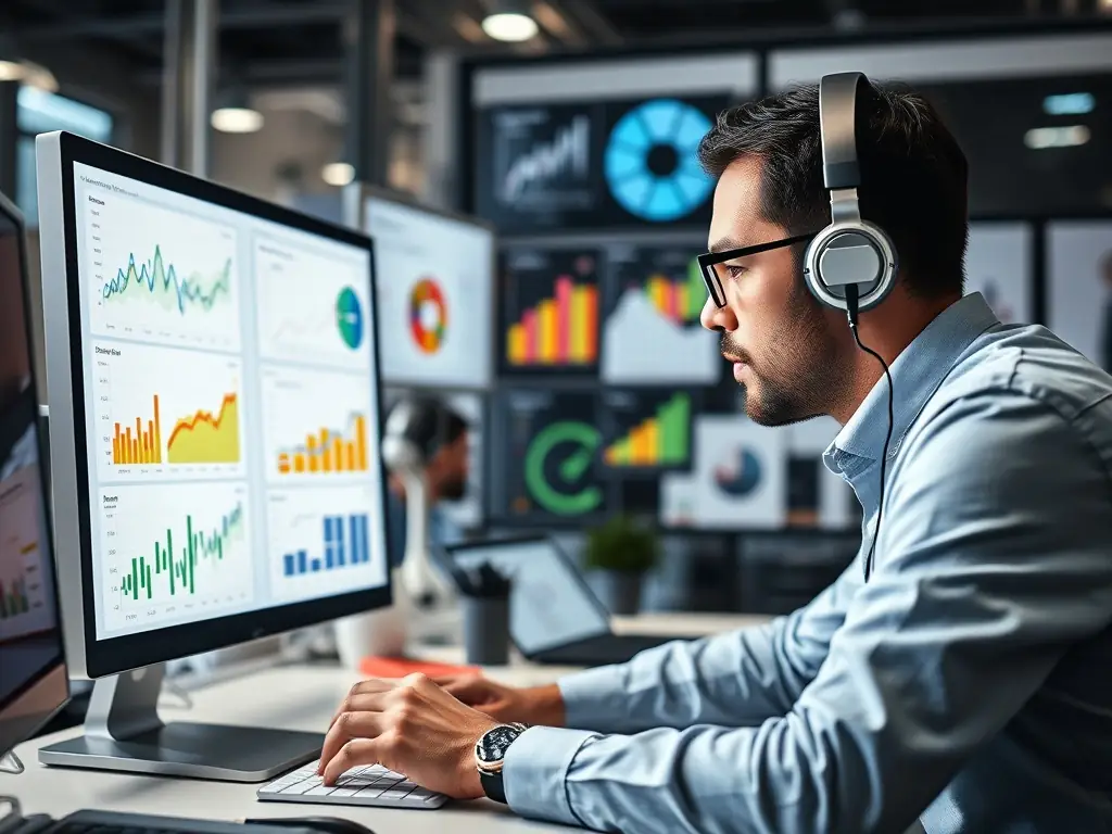A digital marketing consultant analyzing data on a computer screen, surrounded by charts and graphs.
