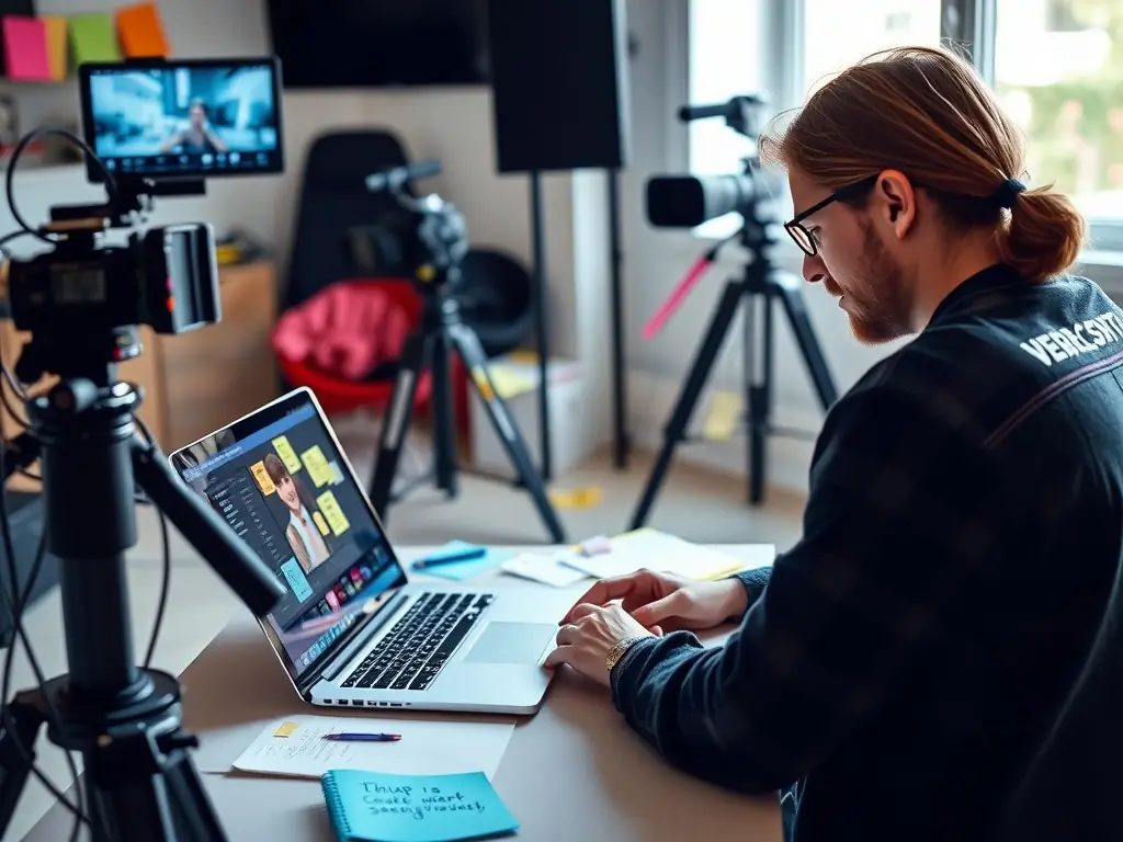 A content creator working on a laptop, surrounded by video equipment and notes.