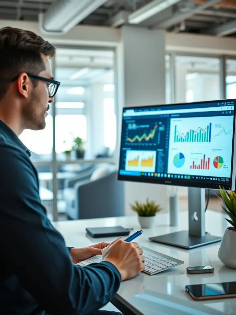 Digital marketing consultant analyzing SEO metrics on a laptop.