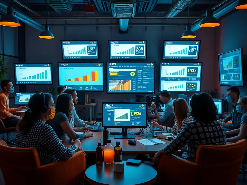 A creative team collaborates on Amazon product listings in a modern office.