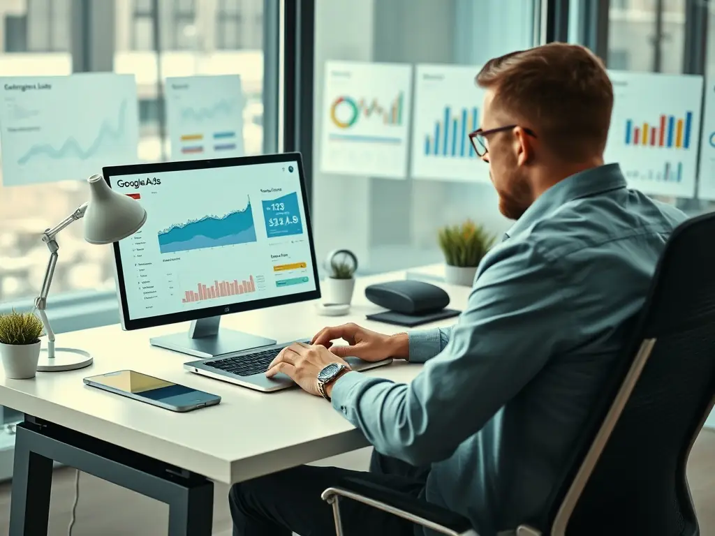 A digital marketing consultant analyzing Facebook Ads campaign data on a laptop.
