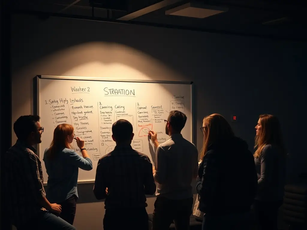 A digital marketing strategy session with a team brainstorming ideas on a whiteboard.