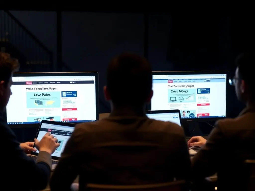 A team of digital marketers conducting an A/B test on a website, comparing two different landing page designs.