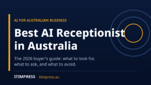Cover image for the guide Best AI Receptionist in Australia: navy banner with amber accents and the IT Impress brand